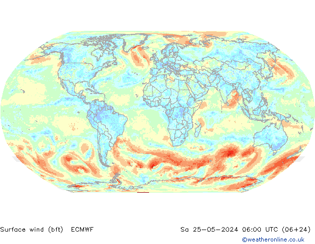 Rüzgar 10 m (bft) ECMWF Cts 25.05.2024 06 UTC