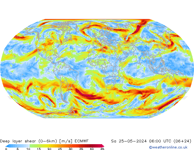 Deep layer shear (0-6km) ECMWF сб 25.05.2024 06 UTC