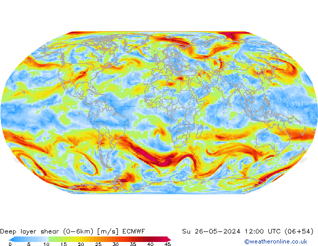 Deep layer shear (0-6km) ECMWF Su 26.05.2024 12 UTC