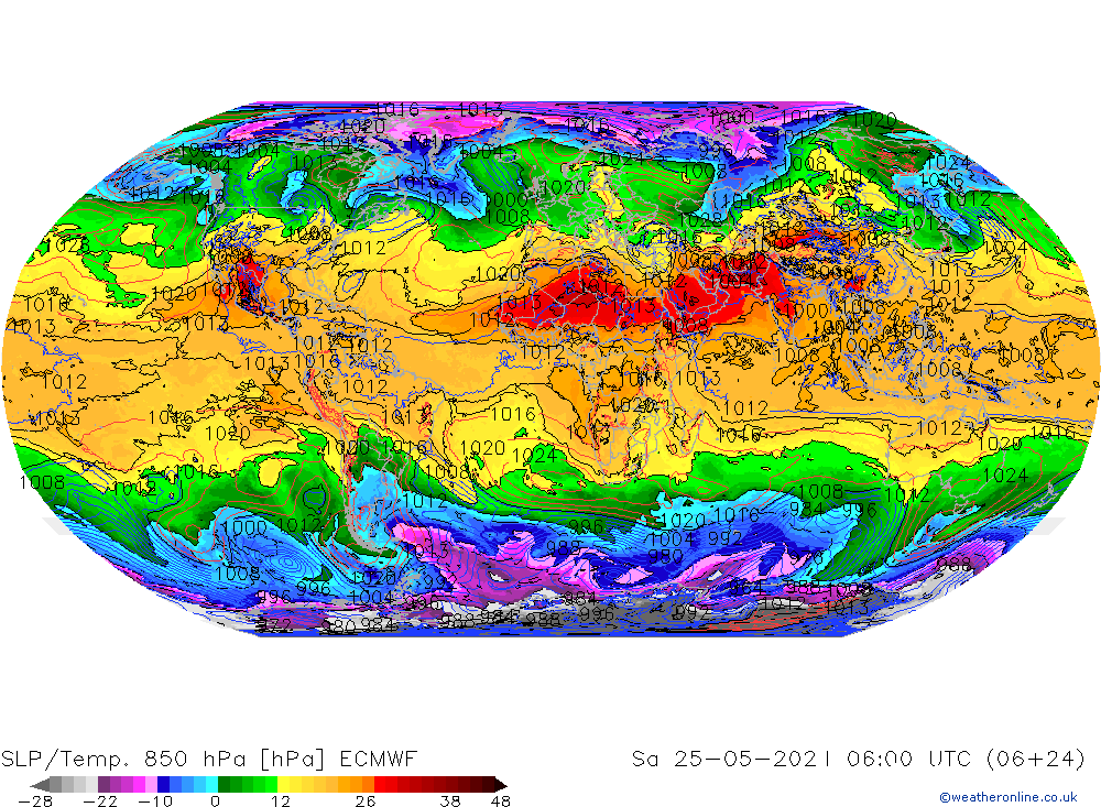 SLP/Temp. 850 hPa ECMWF Sa 25.05.2024 06 UTC