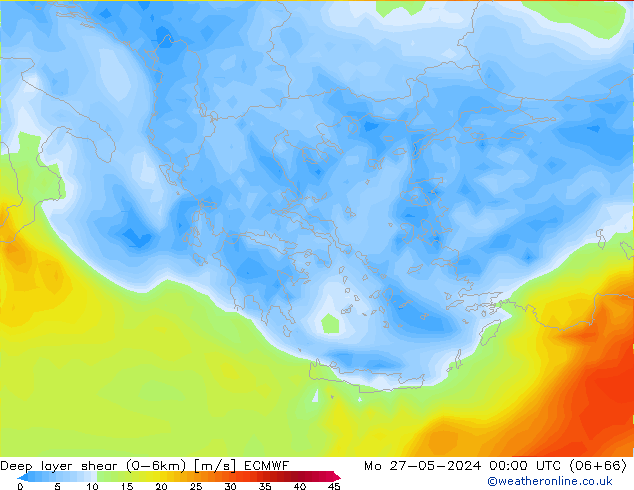 Deep layer shear (0-6km) ECMWF lun 27.05.2024 00 UTC