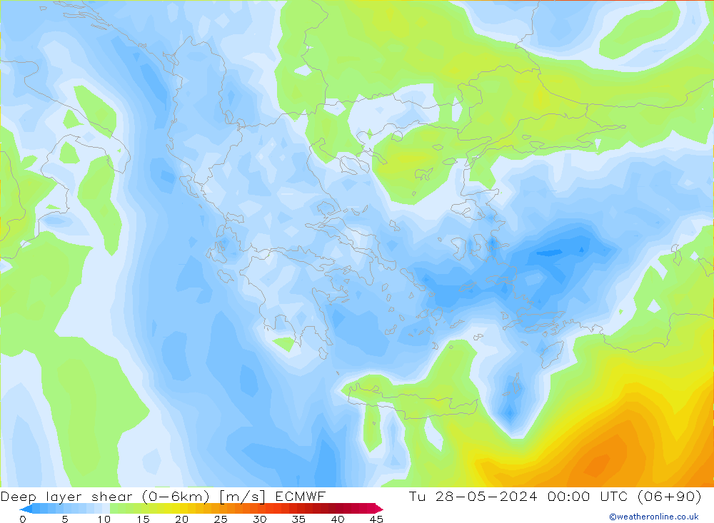 Deep layer shear (0-6km) ECMWF Tu 28.05.2024 00 UTC