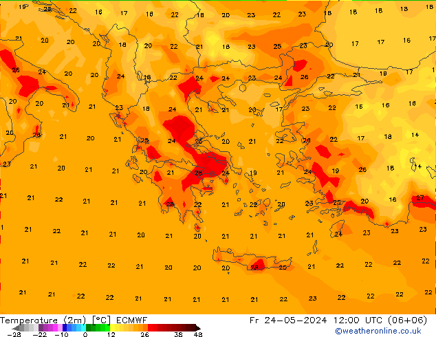 mapa temperatury (2m) ECMWF pt. 24.05.2024 12 UTC