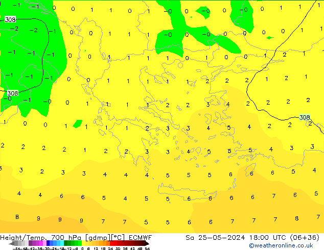 Height/Temp. 700 hPa ECMWF Sa 25.05.2024 18 UTC