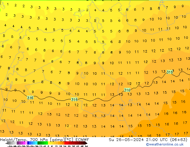 Height/Temp. 700 hPa ECMWF Dom 26.05.2024 21 UTC