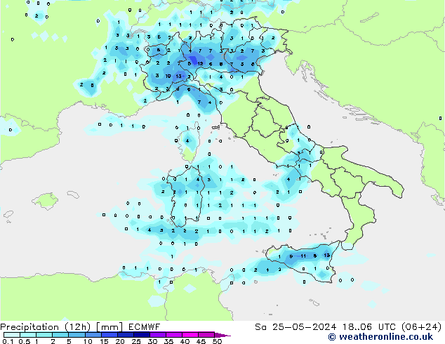 Precipitation (12h) ECMWF Sa 25.05.2024 06 UTC