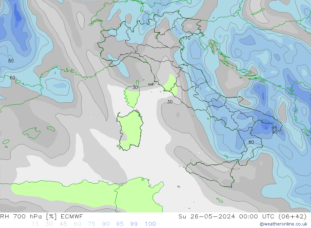 RH 700 hPa ECMWF Su 26.05.2024 00 UTC