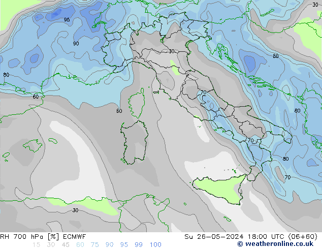 RH 700 гПа ECMWF Вс 26.05.2024 18 UTC