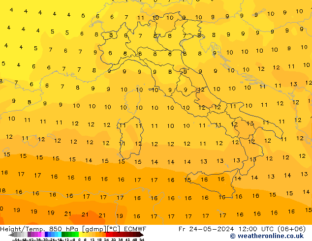 Hoogte/Temp. 850 hPa ECMWF vr 24.05.2024 12 UTC