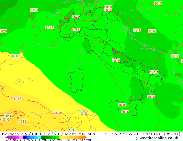 Thck 700-1000 hPa ECMWF Su 26.05.2024 12 UTC