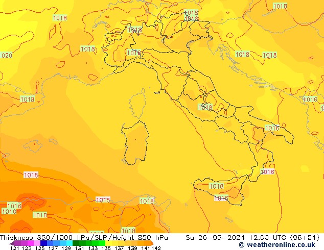 Espesor 850-1000 hPa ECMWF dom 26.05.2024 12 UTC