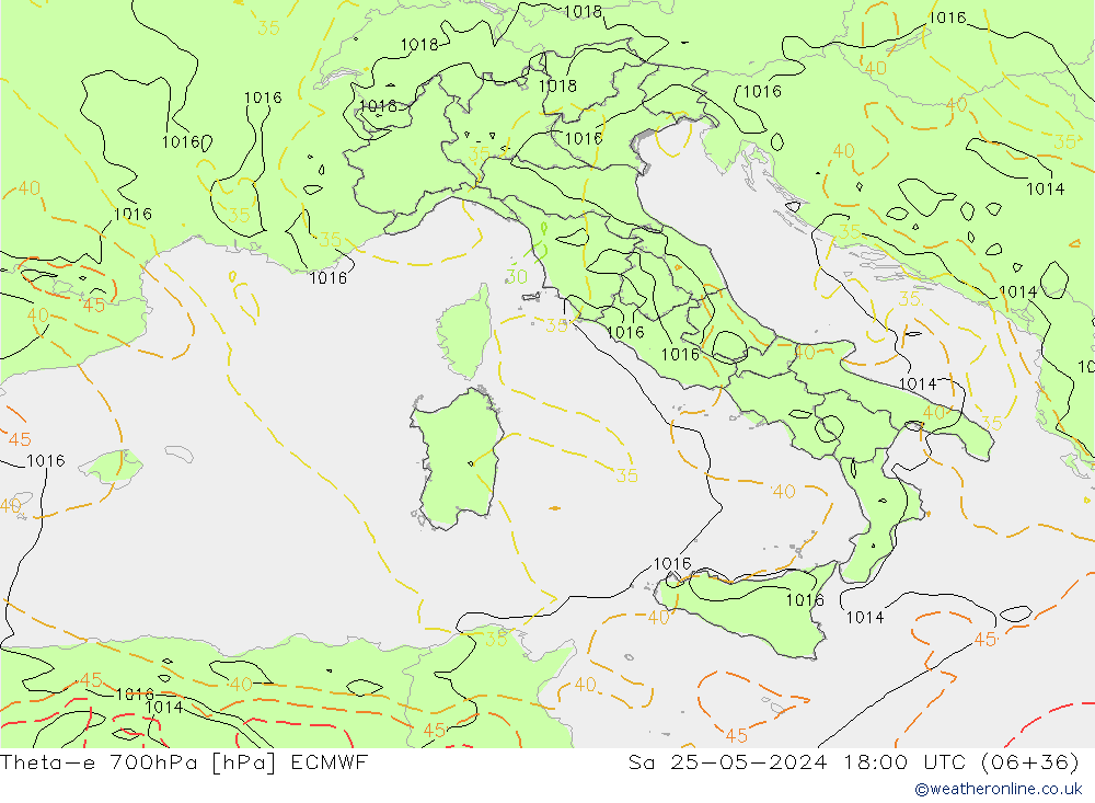 Theta-e 700hPa ECMWF sab 25.05.2024 18 UTC