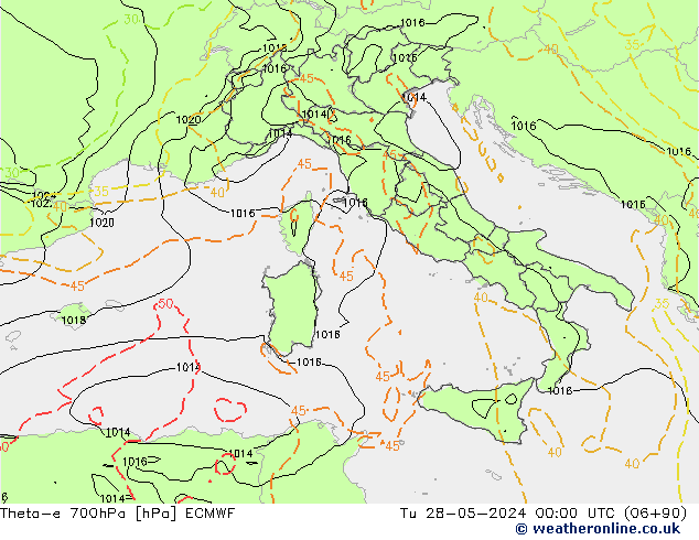 Theta-e 700hPa ECMWF Tu 28.05.2024 00 UTC