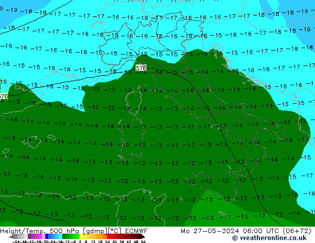 Z500/Rain (+SLP)/Z850 ECMWF pon. 27.05.2024 06 UTC