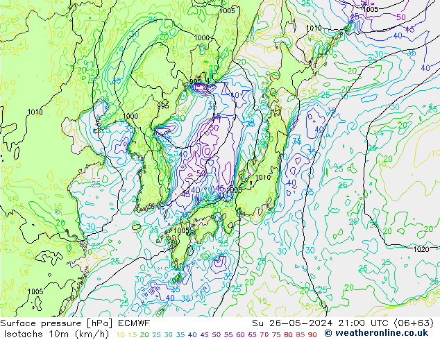 Izotacha (km/godz) ECMWF nie. 26.05.2024 21 UTC