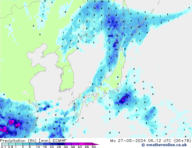 Precipitation (6h) ECMWF Mo 27.05.2024 12 UTC