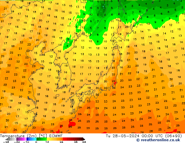 mapa temperatury (2m) ECMWF wto. 28.05.2024 00 UTC