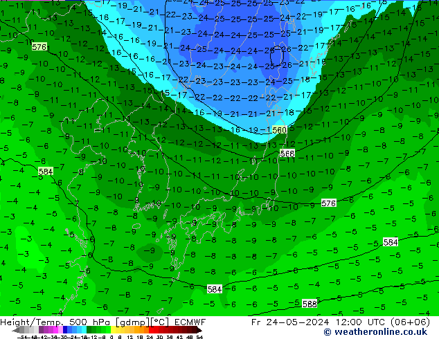 Z500/Rain (+SLP)/Z850 ECMWF Fr 24.05.2024 12 UTC