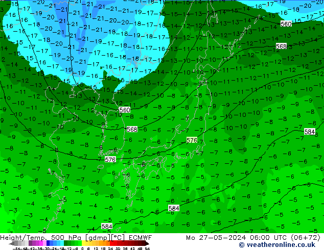 Z500/Rain (+SLP)/Z850 ECMWF pon. 27.05.2024 06 UTC