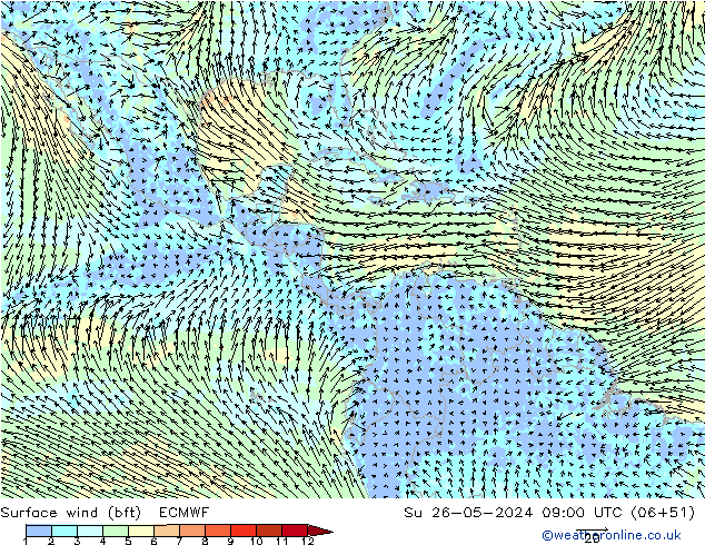 Surface wind (bft) ECMWF Su 26.05.2024 09 UTC