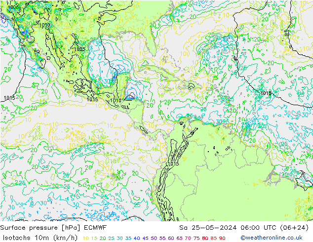 Isotachen (km/h) ECMWF za 25.05.2024 06 UTC