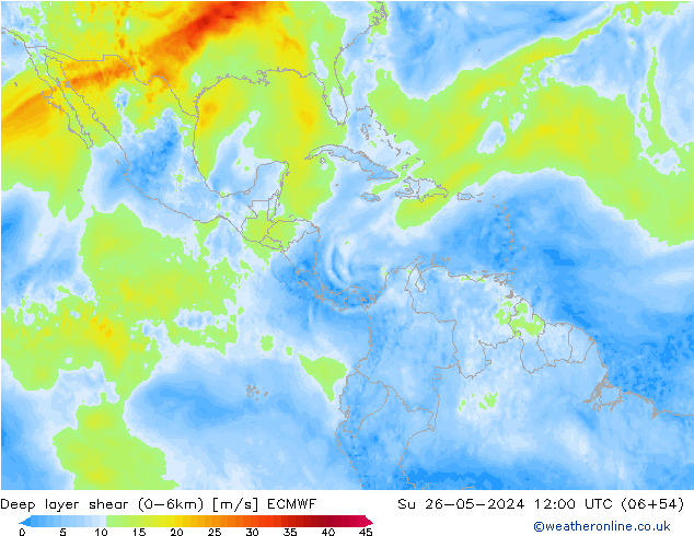 Deep layer shear (0-6km) ECMWF  26.05.2024 12 UTC