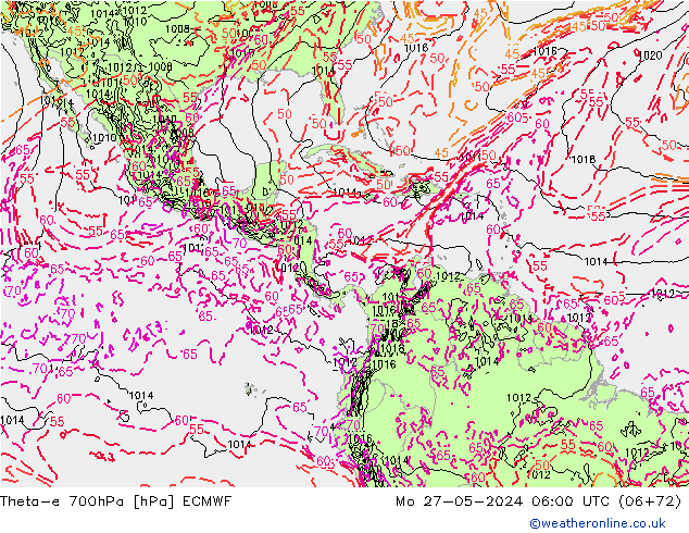 Theta-e 700hPa ECMWF pon. 27.05.2024 06 UTC