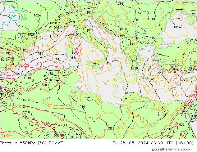 Theta-e 850hPa ECMWF Út 28.05.2024 00 UTC