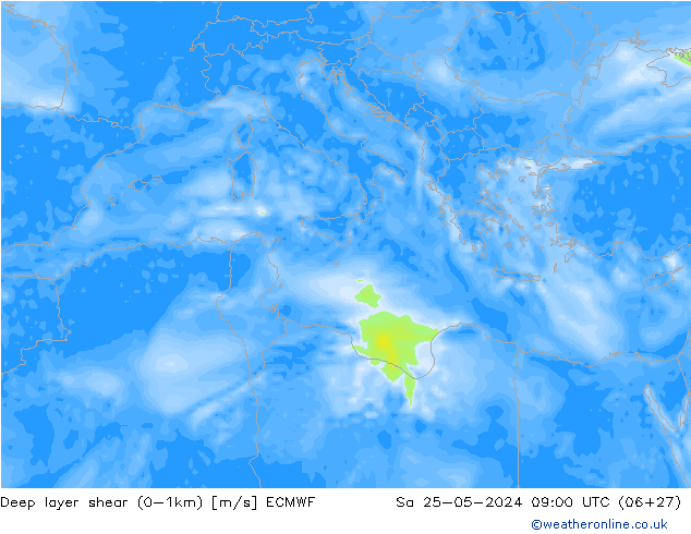 Deep layer shear (0-1km) ECMWF Cts 25.05.2024 09 UTC