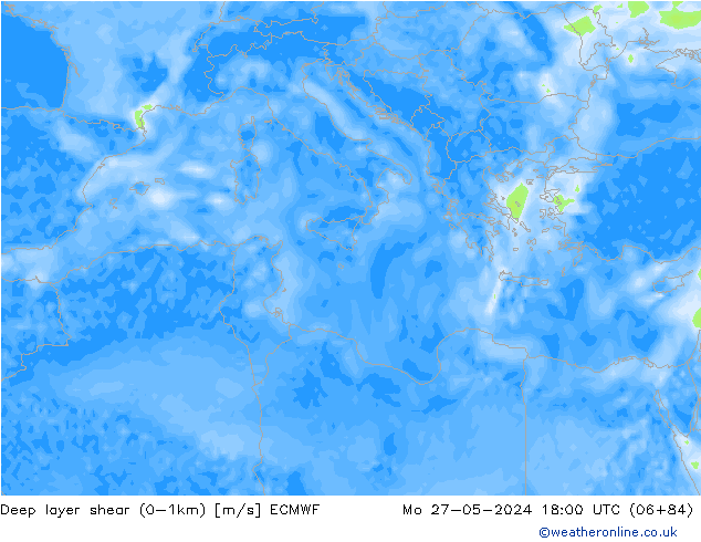 Deep layer shear (0-1km) ECMWF pon. 27.05.2024 18 UTC