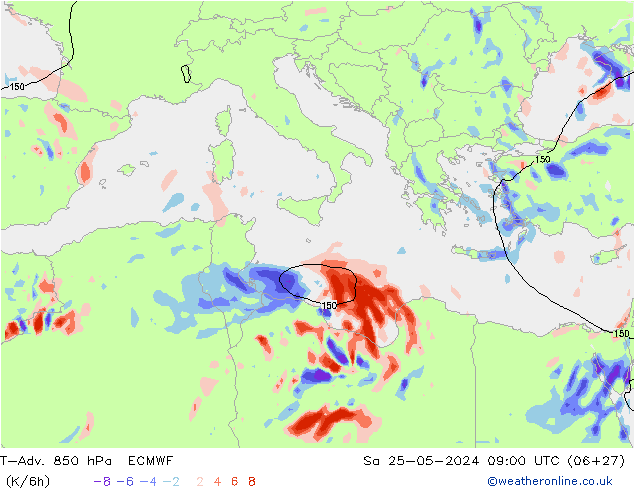 T-Adv. 850 hPa ECMWF Cts 25.05.2024 09 UTC