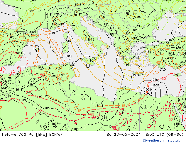 Theta-e 700hPa ECMWF Su 26.05.2024 18 UTC