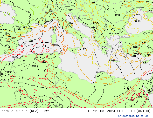 Theta-e 700hPa ECMWF Tu 28.05.2024 00 UTC