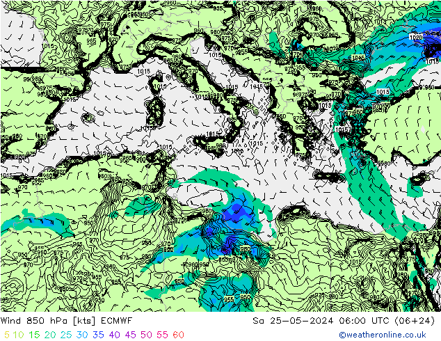 ветер 850 гПа ECMWF сб 25.05.2024 06 UTC