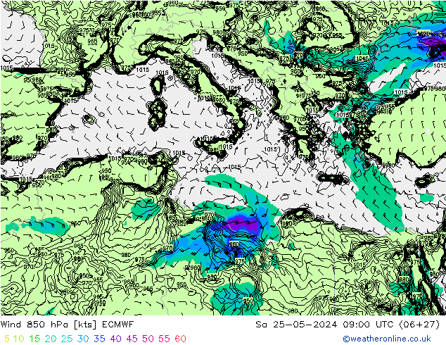 Rüzgar 850 hPa ECMWF Cts 25.05.2024 09 UTC