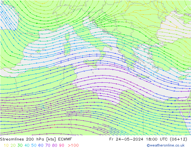 Rüzgar 200 hPa ECMWF Cu 24.05.2024 18 UTC