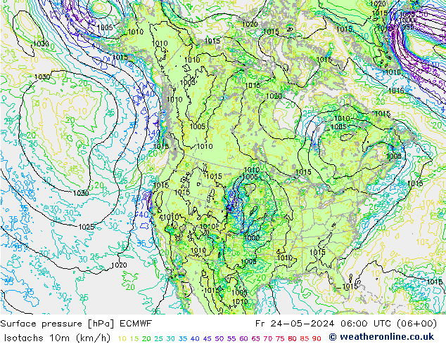 Isotachs (kph) ECMWF Fr 24.05.2024 06 UTC