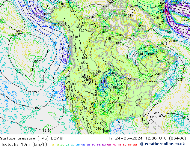 Isotachs (kph) ECMWF Fr 24.05.2024 12 UTC