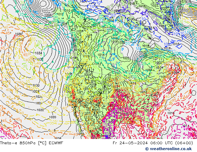 Theta-e 850hPa ECMWF ven 24.05.2024 06 UTC