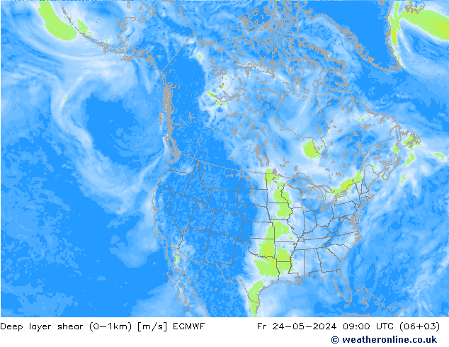 Deep layer shear (0-1km) ECMWF Fr 24.05.2024 09 UTC