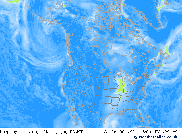 Deep layer shear (0-1km) ECMWF Dom 26.05.2024 18 UTC