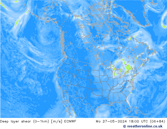 Deep layer shear (0-1km) ECMWF Mo 27.05.2024 18 UTC