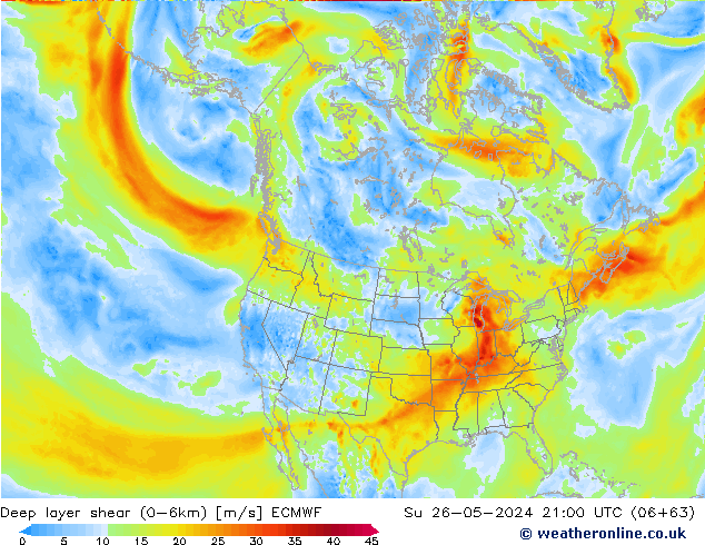 Deep layer shear (0-6km) ECMWF Dom 26.05.2024 21 UTC