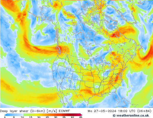 Deep layer shear (0-6km) ECMWF пн 27.05.2024 18 UTC