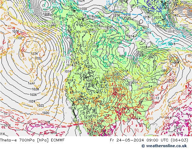 Theta-e 700hPa ECMWF Sex 24.05.2024 09 UTC