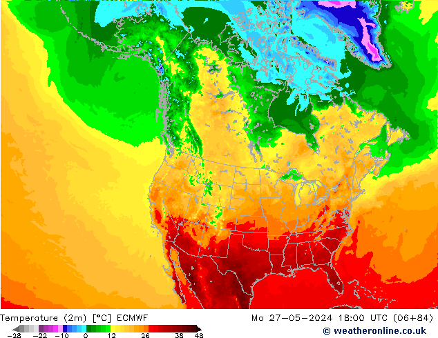 Temperatuurkaart (2m) ECMWF ma 27.05.2024 18 UTC