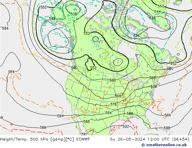 Z500/Rain (+SLP)/Z850 ECMWF Dom 26.05.2024 12 UTC