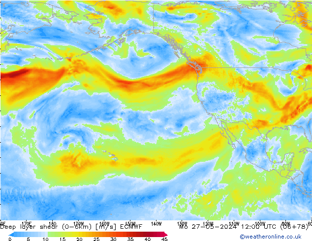 Deep layer shear (0-6km) ECMWF Mo 27.05.2024 12 UTC