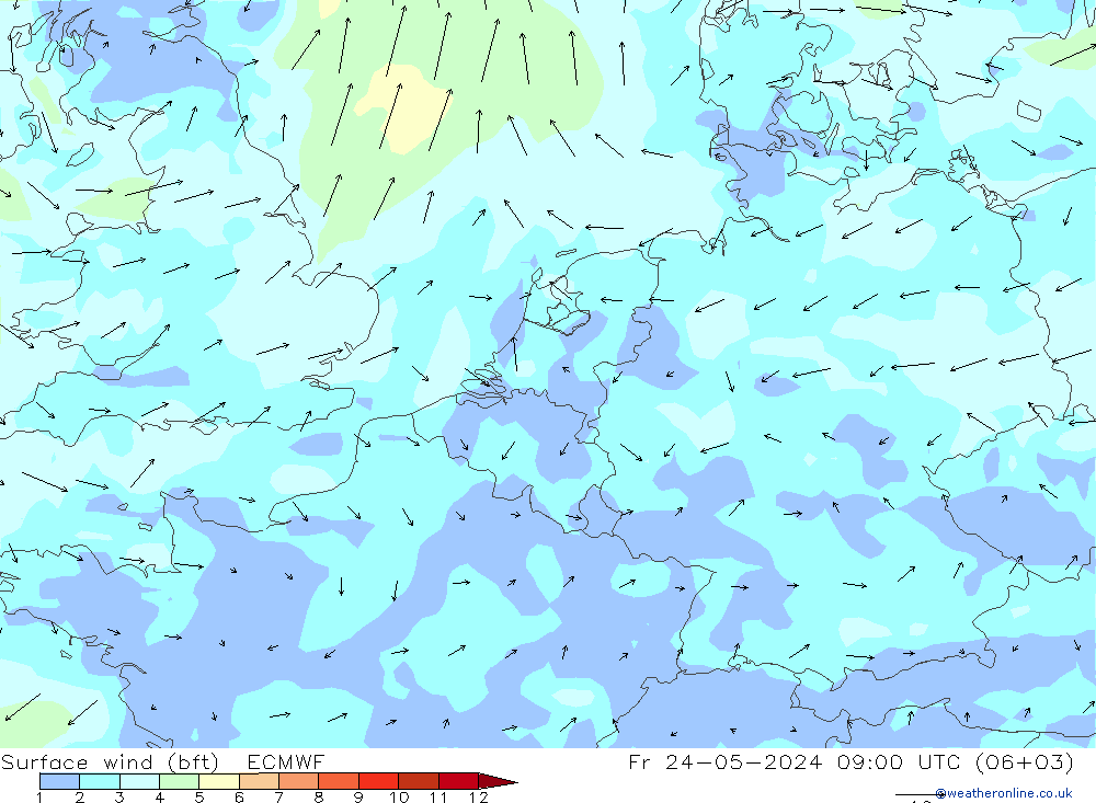 Viento 10 m (bft) ECMWF vie 24.05.2024 09 UTC