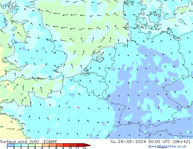 Vento 10 m (bft) ECMWF dom 26.05.2024 00 UTC